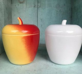 2 Vtg Hazel Atlas Milk Glass Apple Lidded Jelly Jam Jar Pots