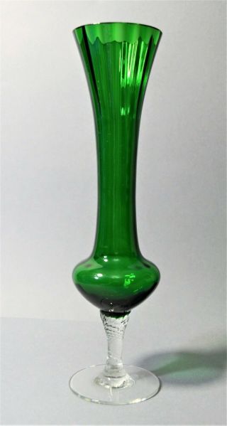 Fluted Twisted Stem Green Empoli Art Glass Goblet Vase 10 " Inch High Retro