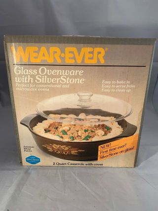 Nib Wear - Ever Glass Ovenware W/silverstone Casserole Dish Brown W/gold Wheat