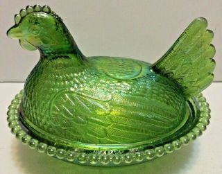 Vintage Green Glass Hen On A Nest Candy Butter Serving Dish Chicken Glass Dish