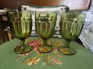 Set Of 3 Libbey Duratuff U.  S.  A.  Olive Green 16 Oz.  Water Goblets