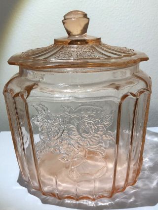 Vintage Pink Depression Glass Biscuit Cookie Jar W/lid Floral Pattern