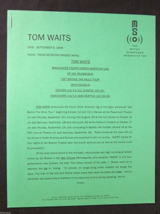 Tom Waits—1999 Press Release