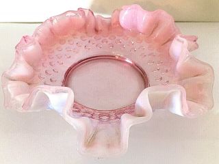 Vintage Fenton Art Glass Opalescent Pink Hobnail Ruffled Candy Dish 6 " Sq Euc