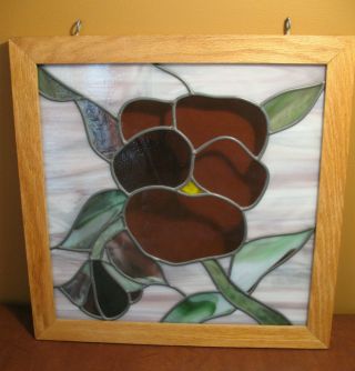 Stained Glass Wood Frame Window Hanging Flower Iris Purple Green 15.  75 Inch