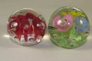 2 Vintage St.  Clair Art Glass Paperweights,  Controlled Bubble,  Flowers,  Elwood,  Ind