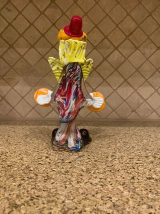 Vintage Murano Art Glass Clown Figurine w/ Red Hat And Green Bow Holding Symbols 3