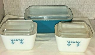 3 Retro Vintage Pyrex Blue Snowflake Garland Refrigerator Ovenware Dishes,  Lides