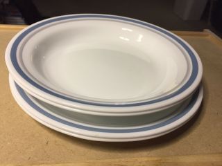 Corelle Indigo Blue And Gray Stripe 2 8 1/2” Breakfast Plates And 2 Soup/ Pasta