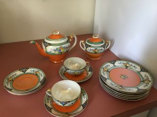 Noritake Tea Pot & Sugar Bowl 2 Teacups 5 Saucers 6 Plates Hand Painted Japan