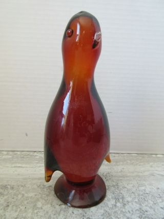 Old Vintage Amber Viking Art Glass Penguin Bird Figurine 7 " Tall