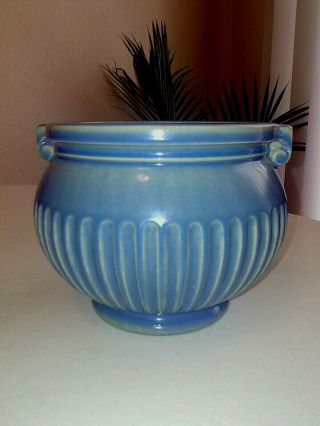 Roseville Pottery Matte Blue Vase Ribbed Handled 625 - 5 Vgc