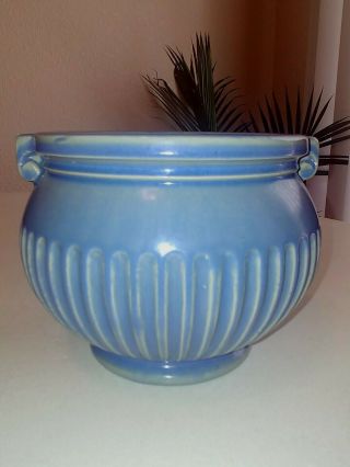 Roseville Pottery Matte Blue Vase Ribbed Handled 625 - 5 VGC 3