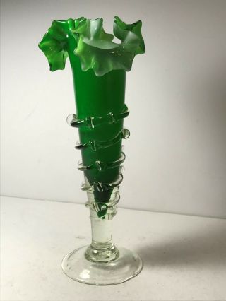 Retro Murano Style Green Frill Top Art Glass Vase With Glass Spiral Beading