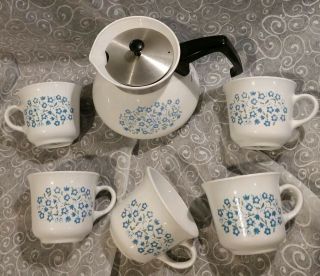 Corelle Corning Ware Blue Heather 6 Cup Tea Pot Coffee Teacups (4) Creamer (1)