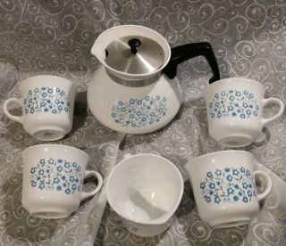 Corelle Corning Ware Blue Heather 6 Cup Tea Pot Coffee Teacups (4) Creamer (1) 2