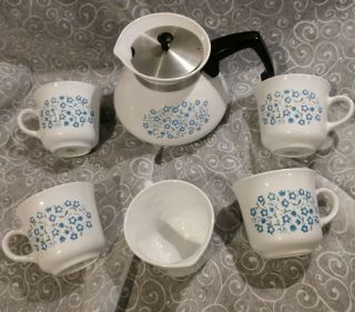 Corelle Corning Ware Blue Heather 6 Cup Tea Pot Coffee Teacups (4) Creamer (1) 3