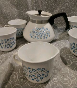 Corelle Corning Ware Blue Heather 6 Cup Tea Pot Coffee Teacups (4) Creamer (1) 4