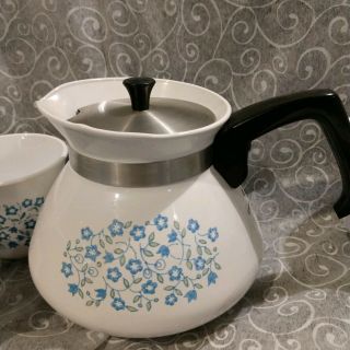 Corelle Corning Ware Blue Heather 6 Cup Tea Pot Coffee Teacups (4) Creamer (1) 5