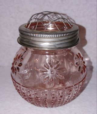 Vintage Pink Depression Glass Vase With Metal Flower Frog Lid.
