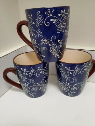 3 Temp - Tations By Tara Presentable Ovenware Mugs Cups 4 1/4 " Floral Lace Blue