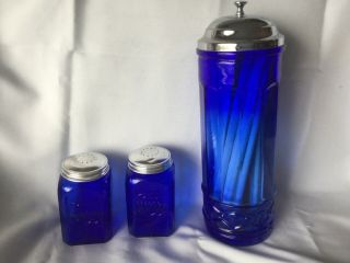 Cobalt Blue Glass Straw Holder And Salt & Pepper Shaker