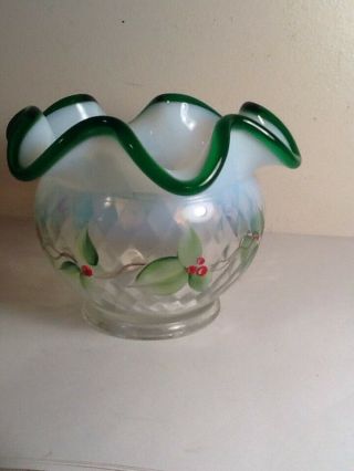 Vintage Fenton Hand Painted Art Glass Ruffled Opalescent Vase W/ Quilted Diamond