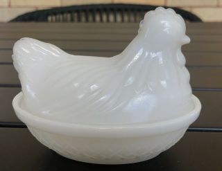 Vtg Chicken Hen On Nest Basket Milk Glass Lidded Candy Dish