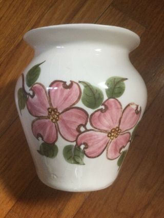 Vintage 4 3/4” Vase Made By Cash Farm Erwin,  Tenn. ,  Handpainted Pink Flowers