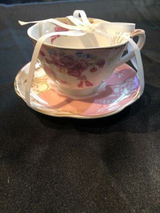 Grace’s Teaware Tea/coffee Cup And Saucer,  Pink Flowers,  Gold Lines,  Teal Flower