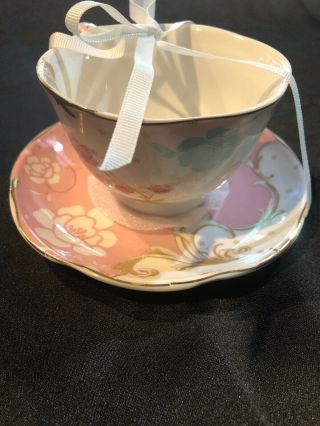Grace’s Teaware Tea/Coffee Cup And Saucer,  Pink Flowers,  Gold Lines,  Teal Flower 2