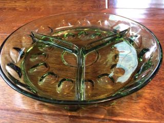 Thumbprint Depression Green Glass Olive Relish Candy Dish Divided Grill Plate