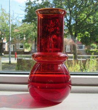 Vintage Retro Scandinavian Hooped Red Glass Vase Riihimaki