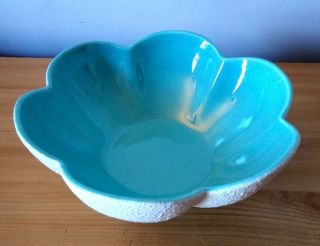 Vintage Royal Haeger 8 " Pebble Texture Turquoise & White Ceramic Lotus Bowl