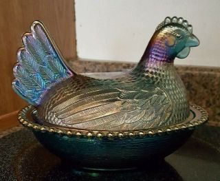 Vintage Indiana Blue Carnival Glass Hen On Nest Candy Dish 8 " X 5 " Chicken