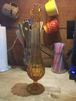 Vtg Epic Viking Glass Vase 15” Tall Amber Swung Pedestal