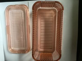 Pink Depression Rectangular Refrigerator Dish Federal Glass lid 8” 2