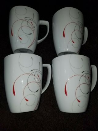 4 Corelle Coordinates Splendor Coffee Mugs Red Gray Swirl Square Cups Porcelain