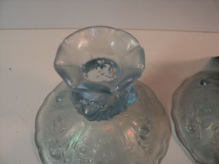 2 Vintage Fenton Candle Holders,  Iridescent Blue Raised Cabbage Rose, 4
