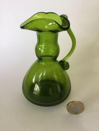 Vintage Antique Green Glass Vase 12cm,  With Handle,  Crimped Top,  Vgc