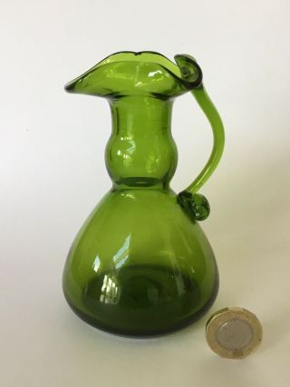 Vintage Antique Green Glass Vase 12cm,  With Handle,  Crimped Top,  VGC 2