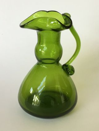 Vintage Antique Green Glass Vase 12cm,  With Handle,  Crimped Top,  VGC 3
