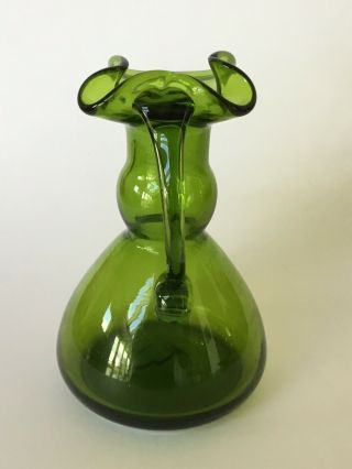 Vintage Antique Green Glass Vase 12cm,  With Handle,  Crimped Top,  VGC 4