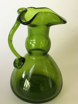 Vintage Antique Green Glass Vase 12cm,  With Handle,  Crimped Top,  VGC 5