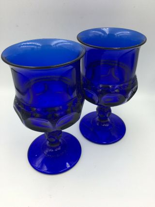 Indiana Glass Kings Crown Cobalt Blue Thumbprint Goblet 5.  5 " Tall Set Of 2