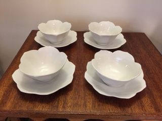 Vintage White Porcelain 4 1/2 " Lotus Rice Soup Bowls And Saucers 6 " Set Of 4
