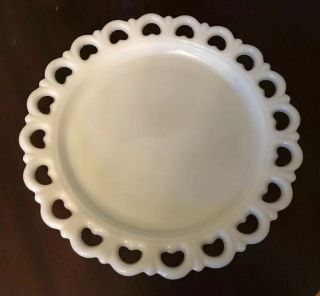Vintage Large Round Lace Heart Edge Milk Glass Cake Plate Serving Platter 13 "