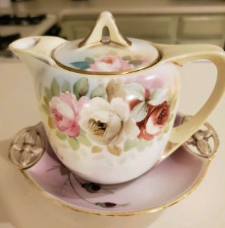 Vintage Nippon Hand Painted Floral Mini Tea Pot And Saucer