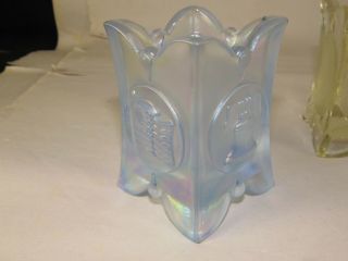 Frosted Coin Glass & Blue Carnival Bicentennial Joe St Clair Toothpick Holder 3 2