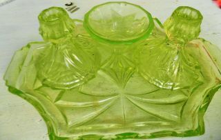 Vintage Art Deco Uranium Green Bagley Glass Part Trinket D.  Table Set 1930